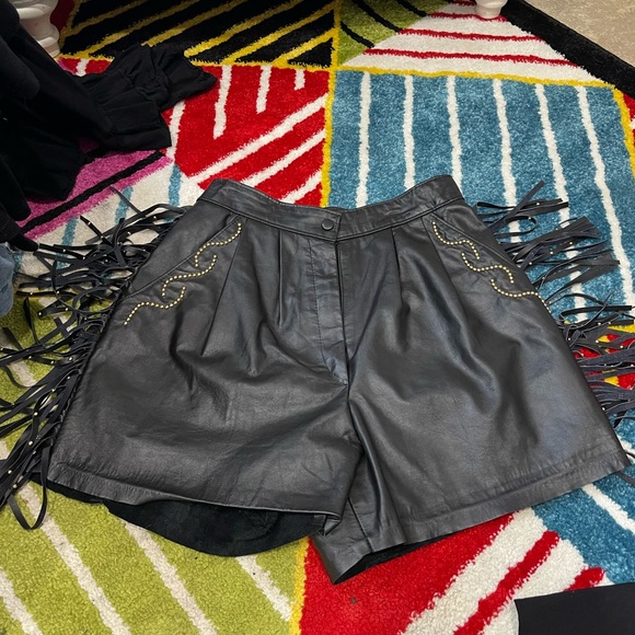 DANGEROUS THREADS// Leather Shorts beaded with fringe vintage. GREAT CONDITION